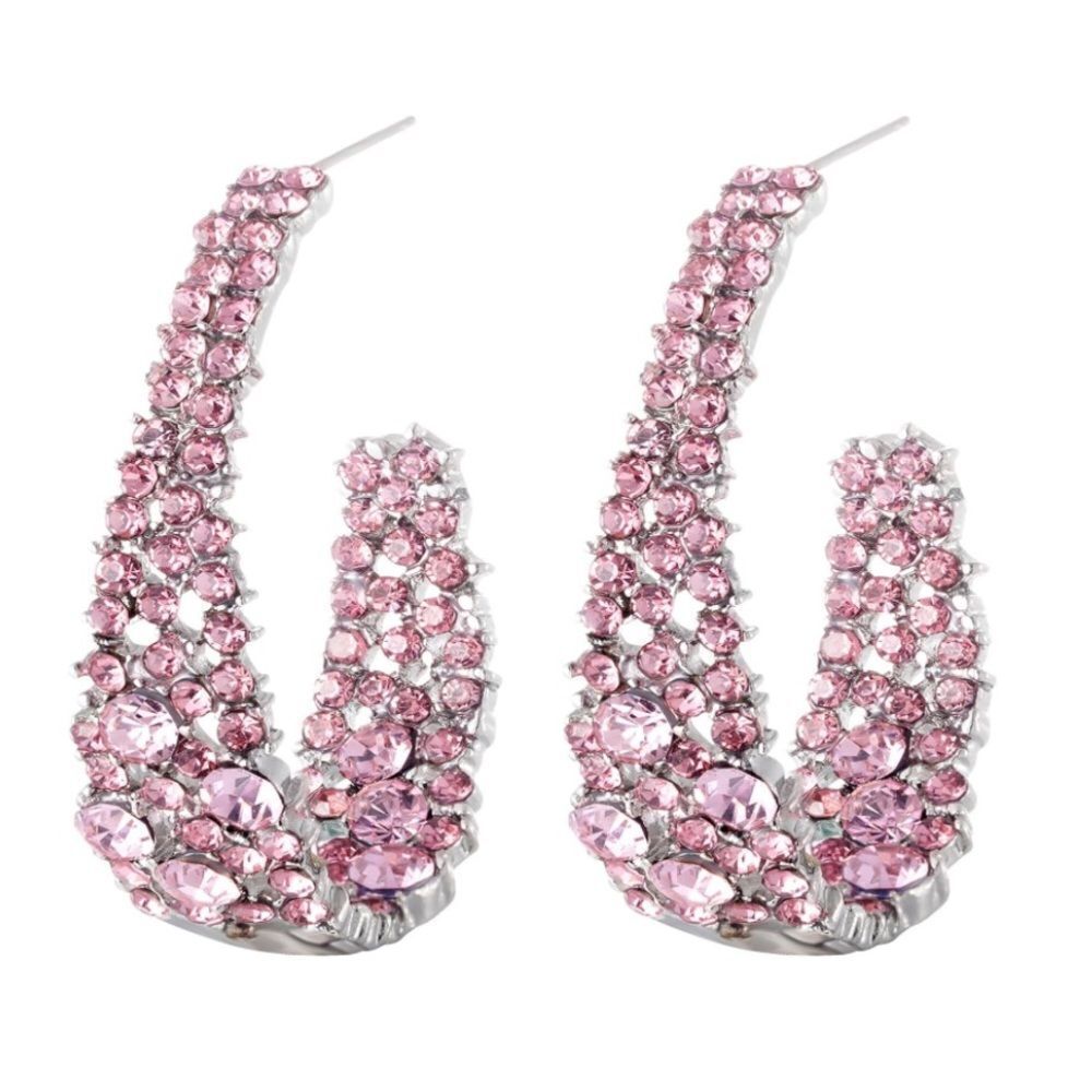18k White Gold and 925 Sterling Silver with Pink Sapphire Crystal Hoop Earrings